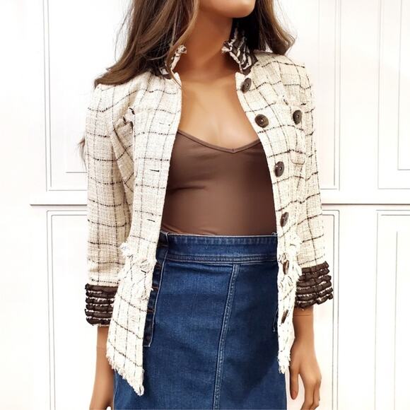 DONCASTER Ruffle Fringe Tweed Jacket Cotton Linen Blend Women’s Size 12 - Picture 1 of 13